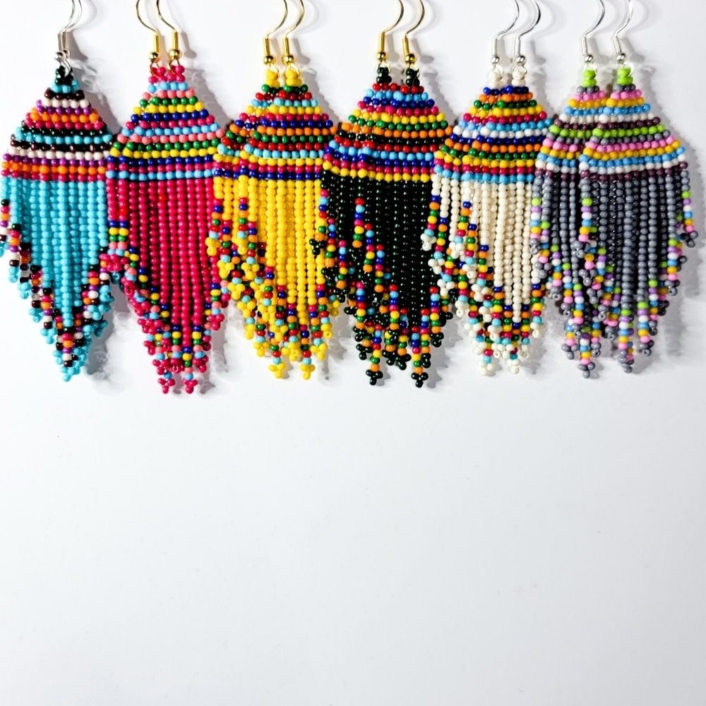 Handmade Off White Tribal Seed Bead Fringe Earrings - Picture 4 of 5